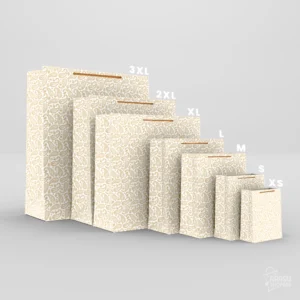 Beige paisley paper shopping bags arranged in ascending order from size XS to 3XL on a light background