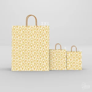 White paper return gift bags in three sizes with detailed gold peacock feather patterns and golden rope handles.