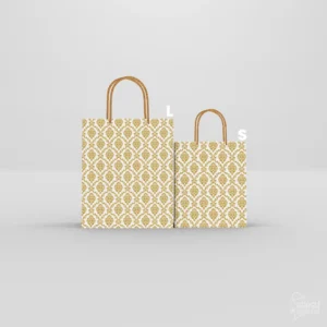 Two gold damask wedding return gift paper bags with metallic twisted rope handles against a light neutral background.