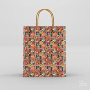 XL traditional kalamkari paper bag featuring maroon and teal Indian temple prints with braided gold rope handles