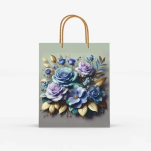 Floral thamboolam return gift bags with blue and lilac roses, golden leaves, and gold cord handles.