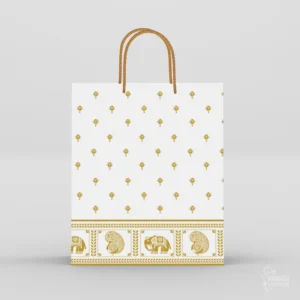 White return gift paper bags with gold elephant and peacock border pattern and twisted rope handles
