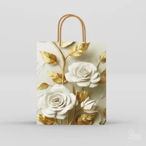 White floral wedding return gift bags with embossed white roses, gold foliage, and golden rope handles