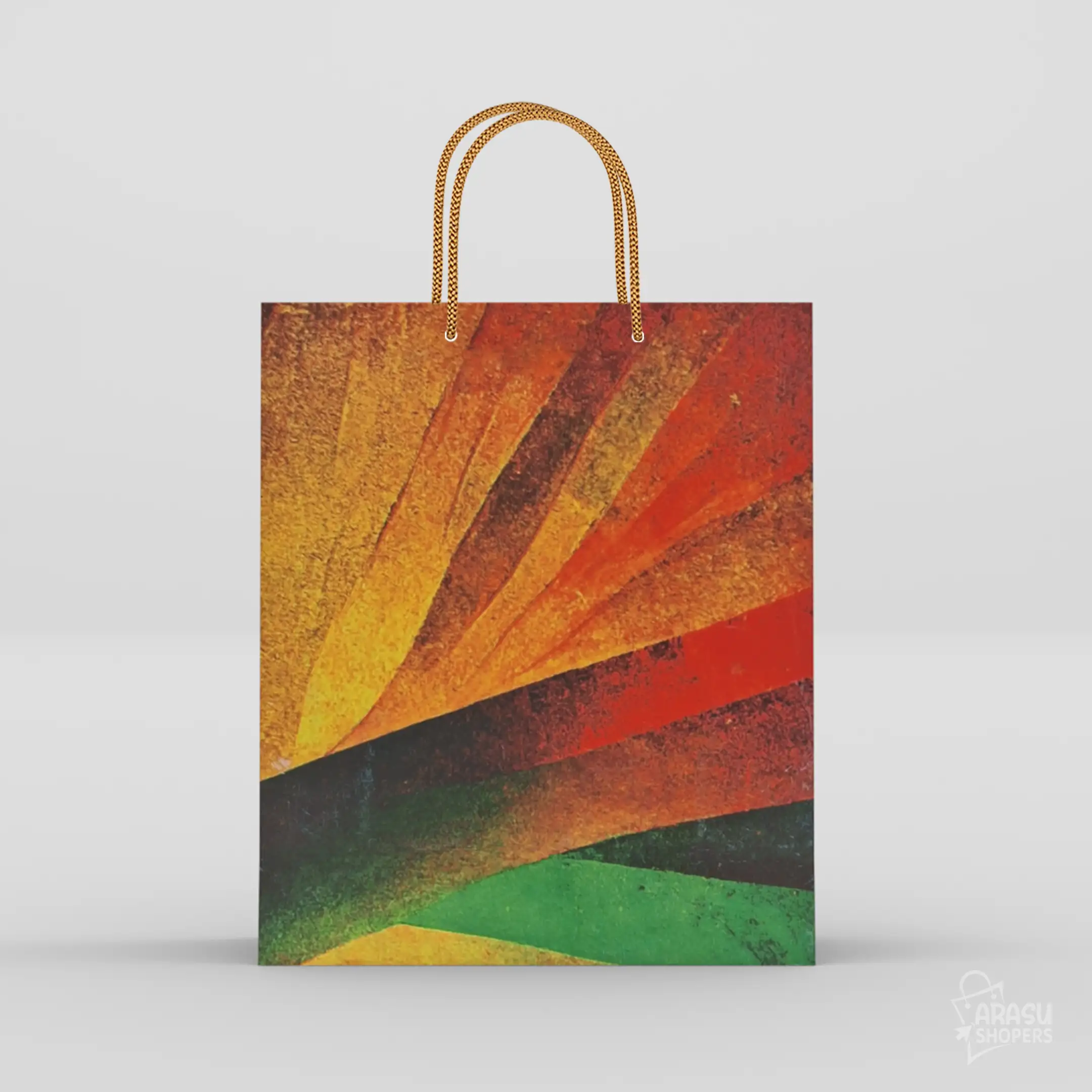 Multicolor designer return gift paper bags featuring warm mosaic brushstrokes and golden rope handles